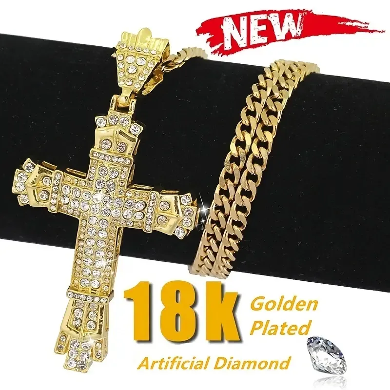 18K Gold Plated Mens Cross Necklaces Vintage Rhinestone Pendant With ...