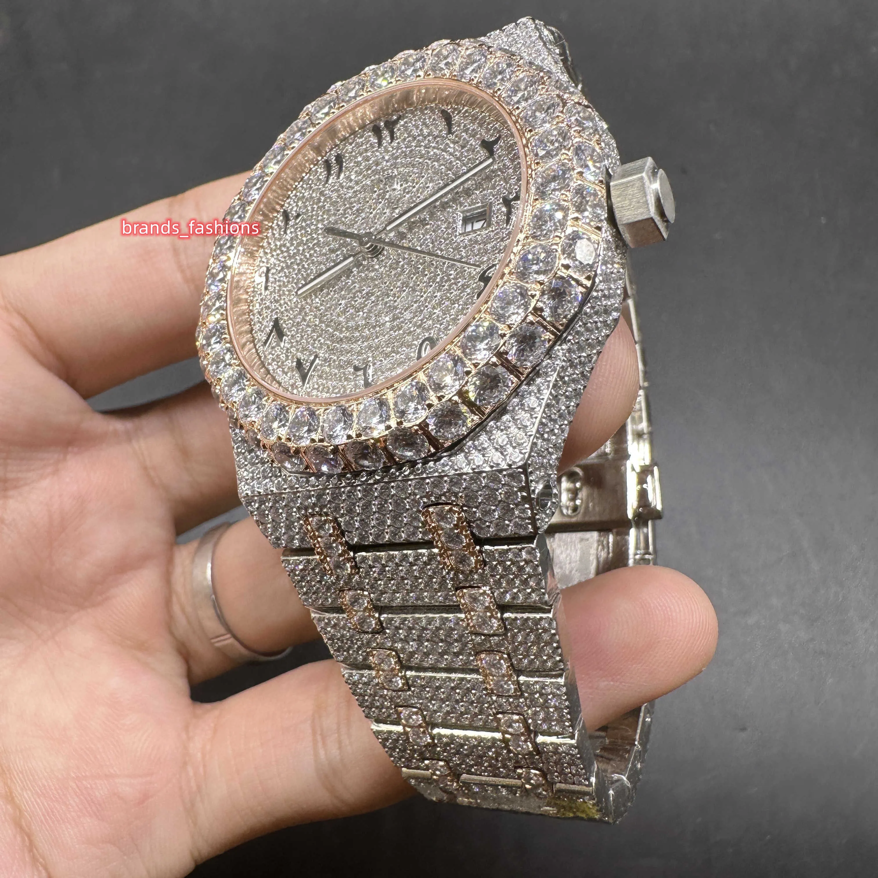 2Tone Rose Gold Iced Out Luxury Automatic Diamond Watch with Arabic Numerals