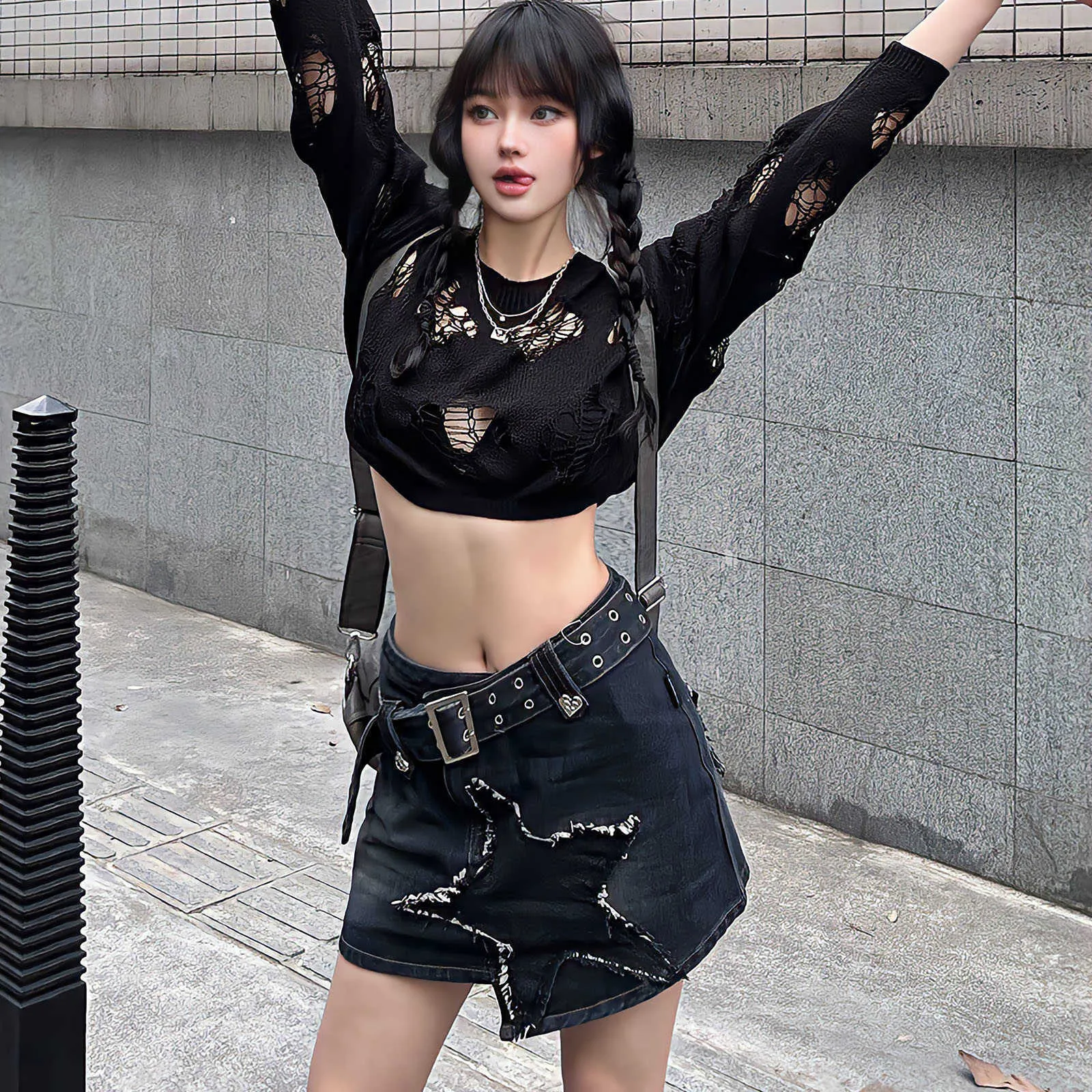 Korean Fashion Irregular Star Denim Skirt A Line Vintage