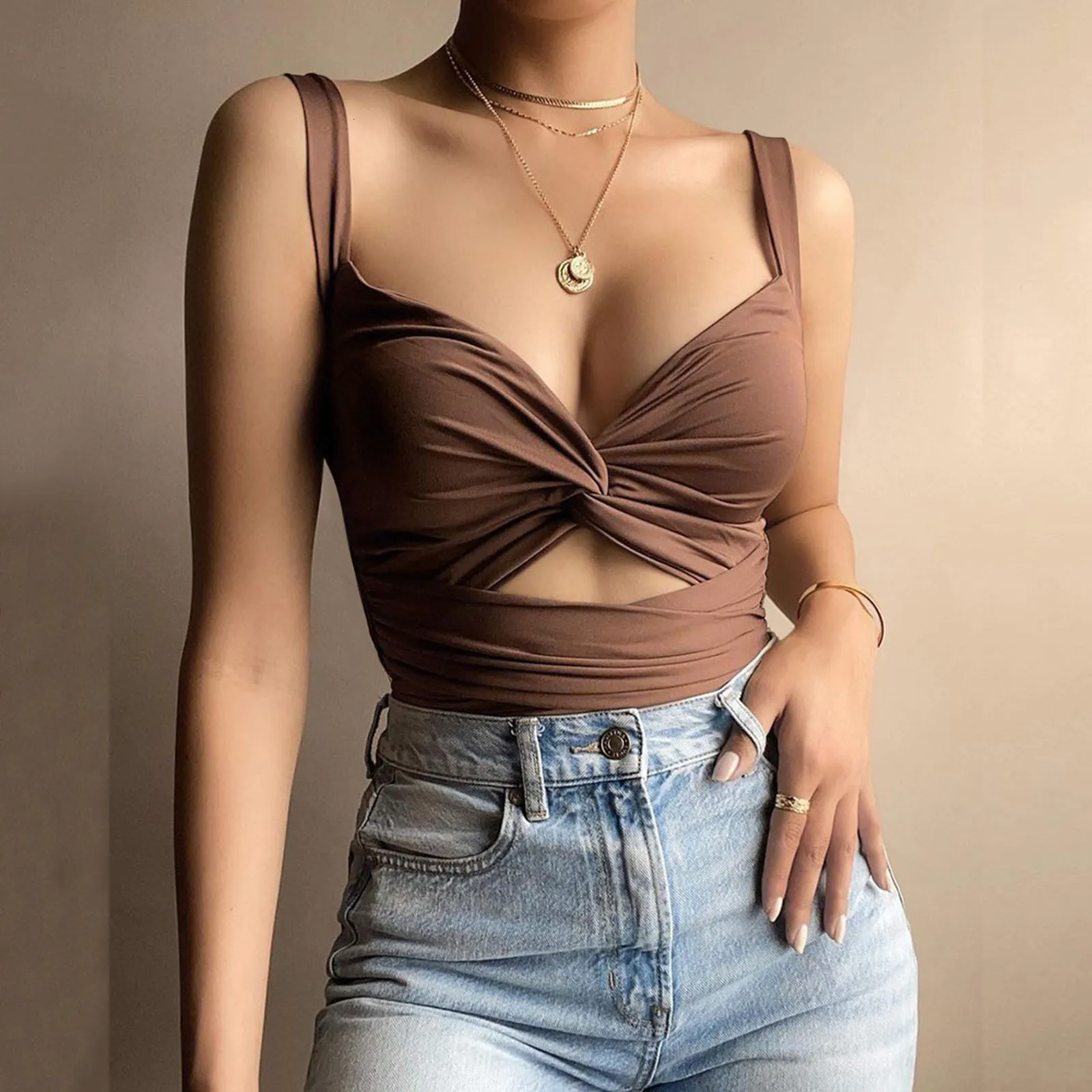 Womens Tanks Camis Sleeveless Crop Camis Women Top Ladies Short Womens Corsettop Tank Tube Vest Twistknot Casual Top Sexy Brown Female Top 230519