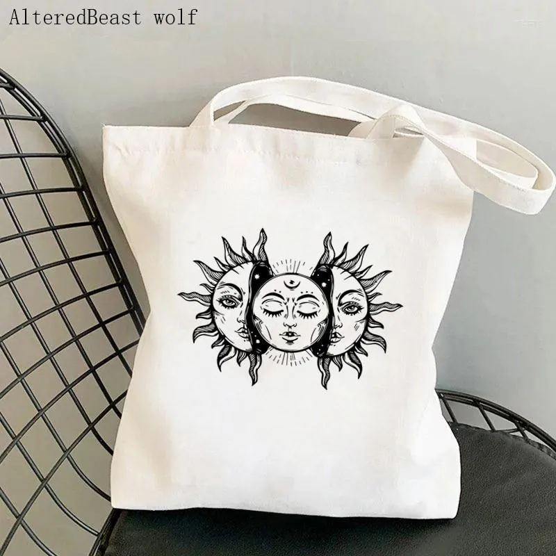 Shoppingväskor kvinnor shoppare väska sol och mån tryckt kawaii harajuku duk tjej handväska tygt axel dam