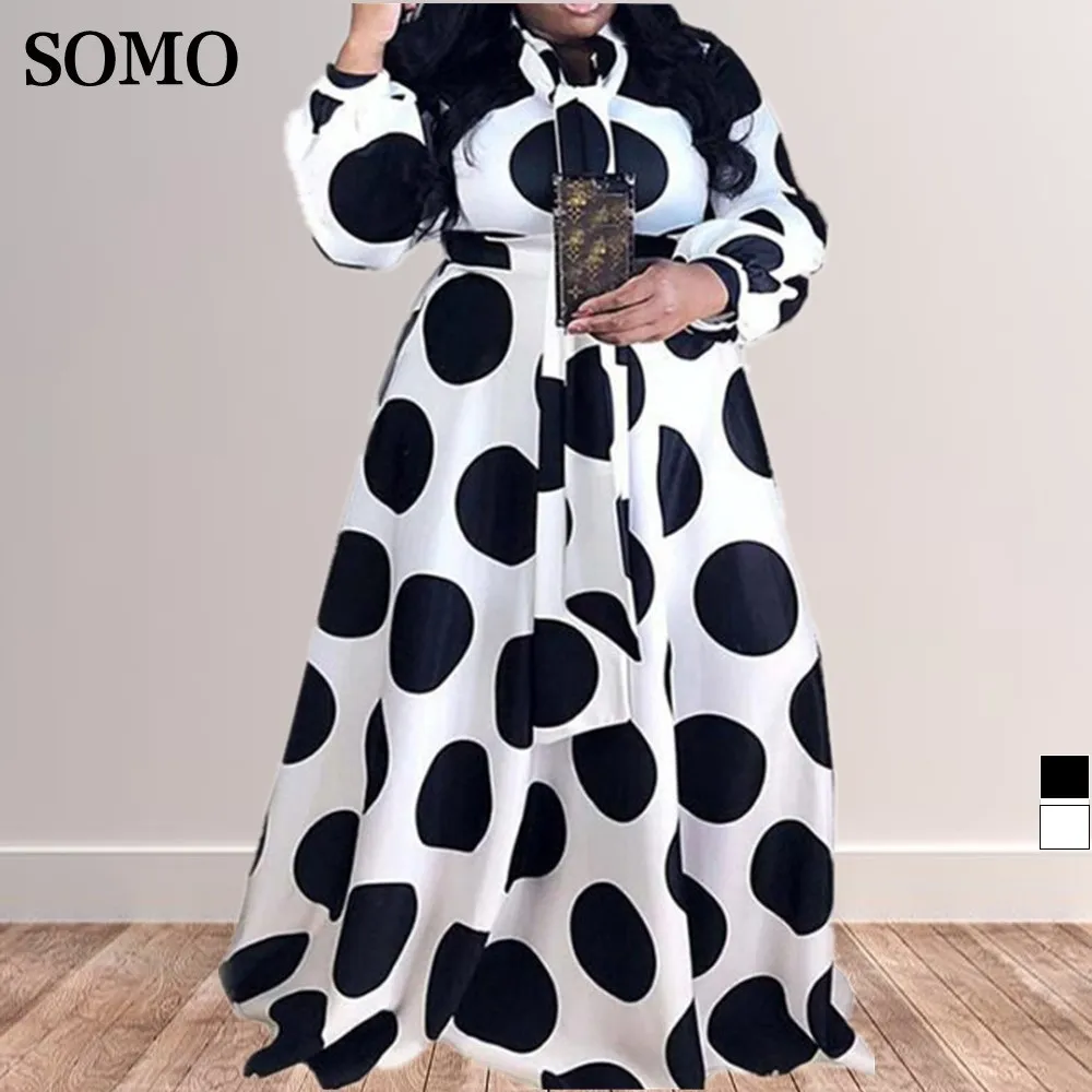 Plus size Dresses Plus Size Clothing Women Boho Long Maxi Dress 5XL Casual Dots Dresses Bow Elegant Ladies Big Shirt Dress Wholesale Drop 230519