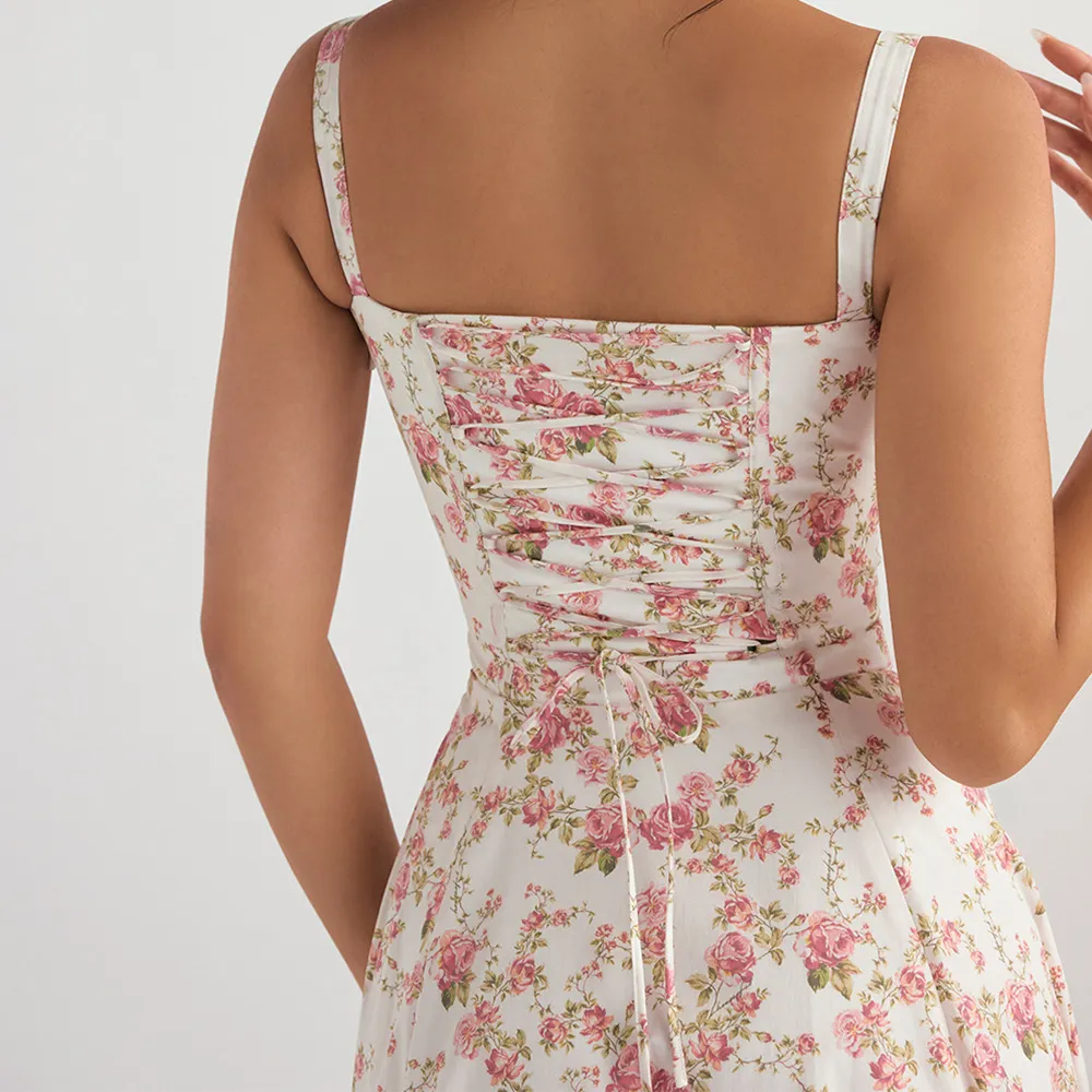 Maxi Dress Corset Back Lace Up Floral Print Corset Dress Women's