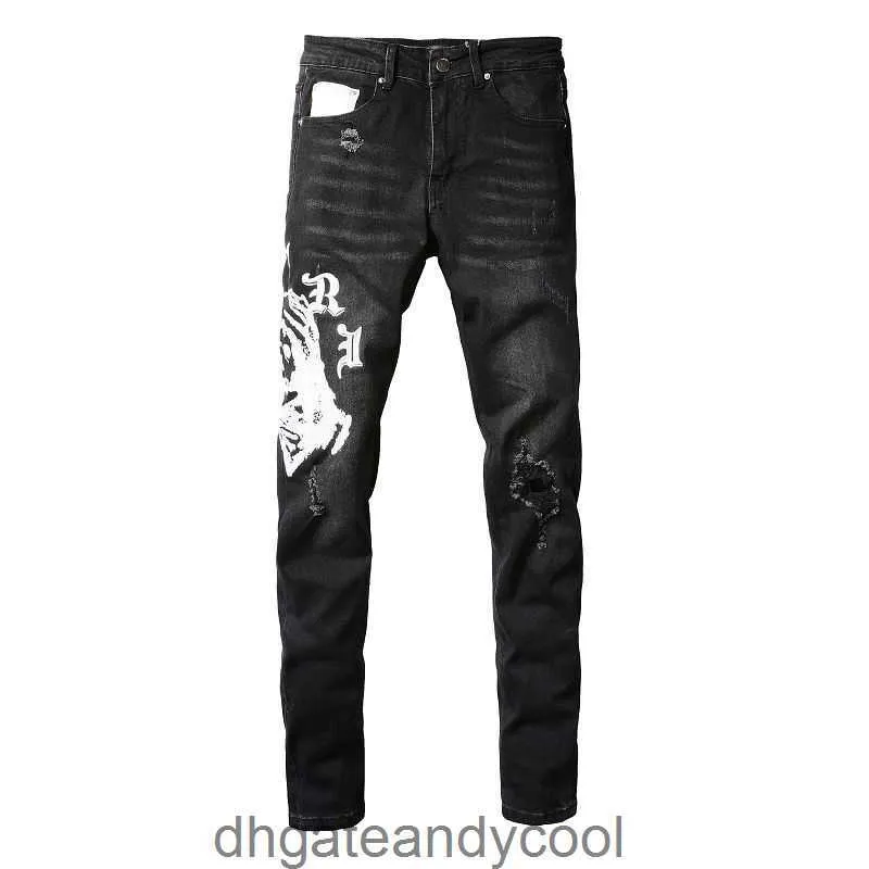 Modèle Denim Amirres Jeans Designer Pantalon Homme Mode High Street Broderie Trou Cassé Lavage Élastique Slim Fit SLP Noir Skinny Jeans Hommes PUSV