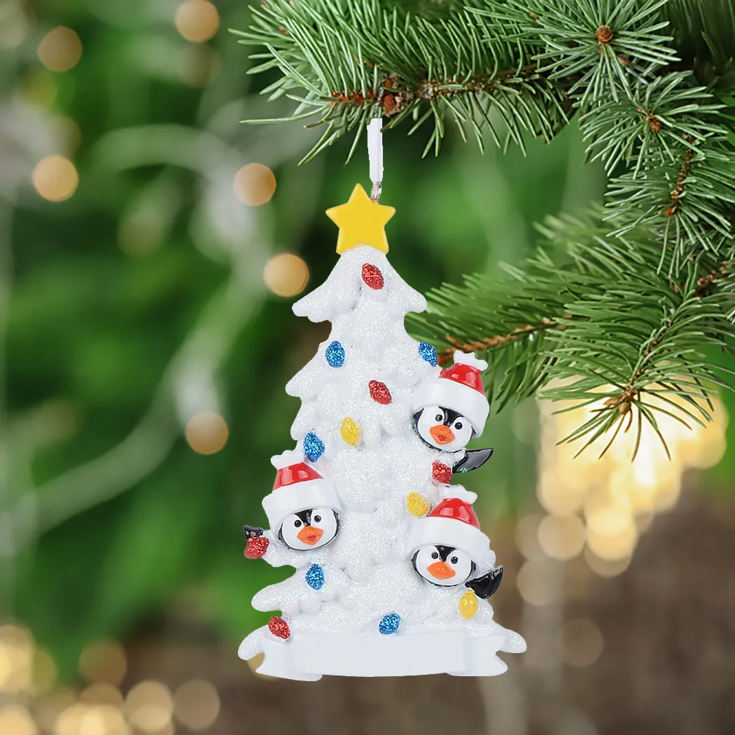 Venta al por mayor Pingüino de brillo de resina con árbol blanco Familia de 5 adornos navideños personalizados como fiesta navideña Decoración para el hogar Suministros de artesanía en miniatura