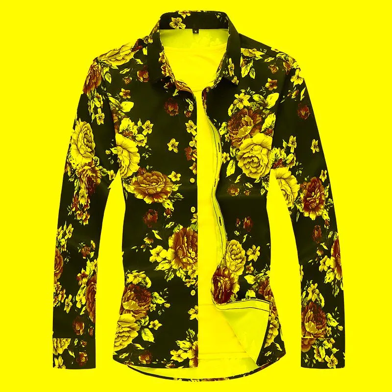 Men's Casual Shirts Bright Big Floral Pattern 3D Print Long Sleeved Dress Shirt Men Autumn Quality Soft Comfortable Luxury Camisa MasculinaM