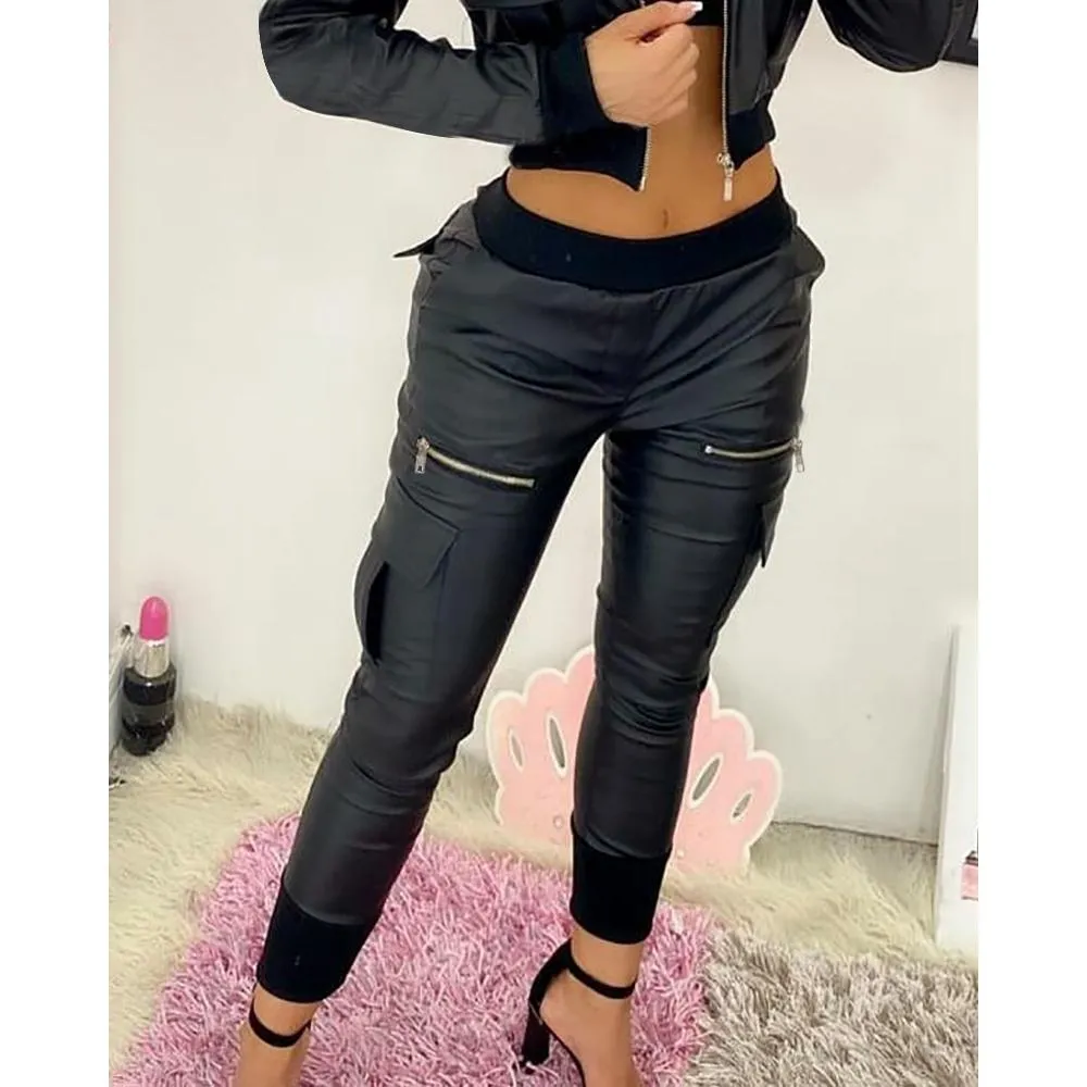 Capris Herbst Frauen einfache PU Leder Reißverschluss Taschenhose 2023 Femme lässig Solid mit mittlerer Taille Skinny Hosen Office Dame Kleidung Traf Traf