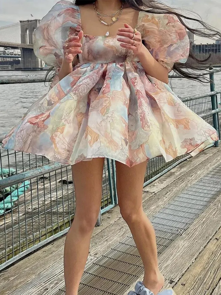 Mini Casual Dress with Puff Sleeve and Tie Dye Print in Organza and Chiffon  for Women Ages 25-35 from Dhgate Basic & Casual Dresses - price 58.75