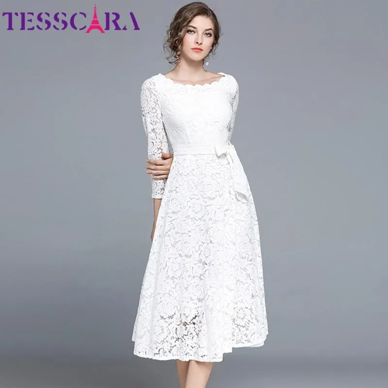 Abiti TESSCARA Donna Primavera Elegante Abito lungo in pizzo bianco Abito da cerimonia nuziale femminile Abito da cocktail di alta qualità Abiti vintage firmati