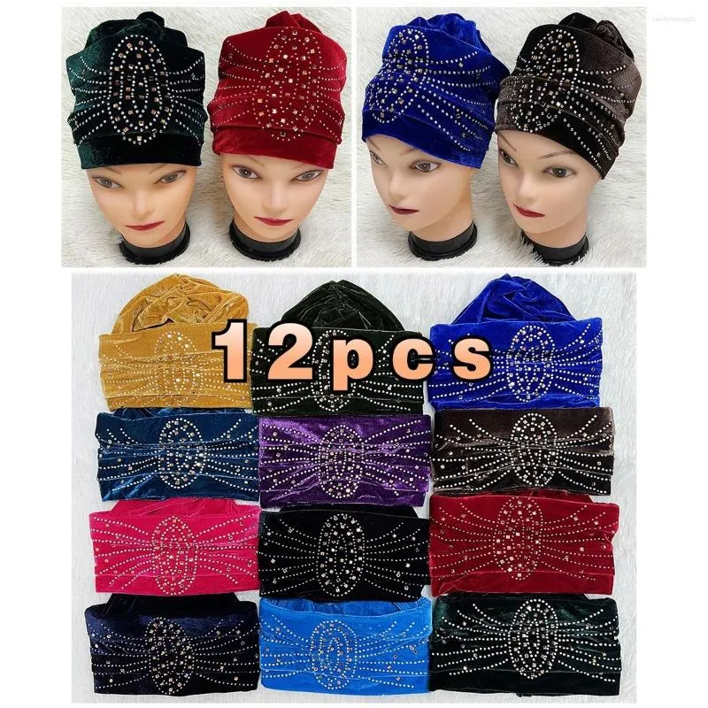 Etniska kläder 12st senaste mode muslimska kvinnliga turban hatt motorhuven guld sammet rhinestone solid beanie hårhuvmössa för kvinnor