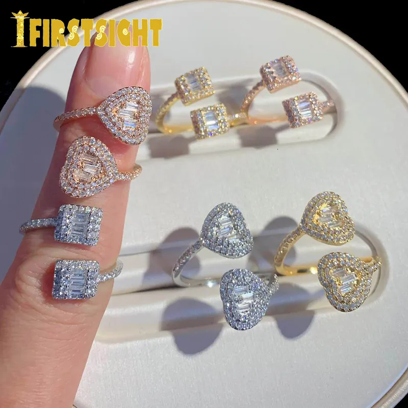 حلقات النطاق المثلجة Out Bling Rectangle CZ Heart Ring Gold Silver Color Micro Pave Open Apalable Square Fashion Women المجوهرات 230519