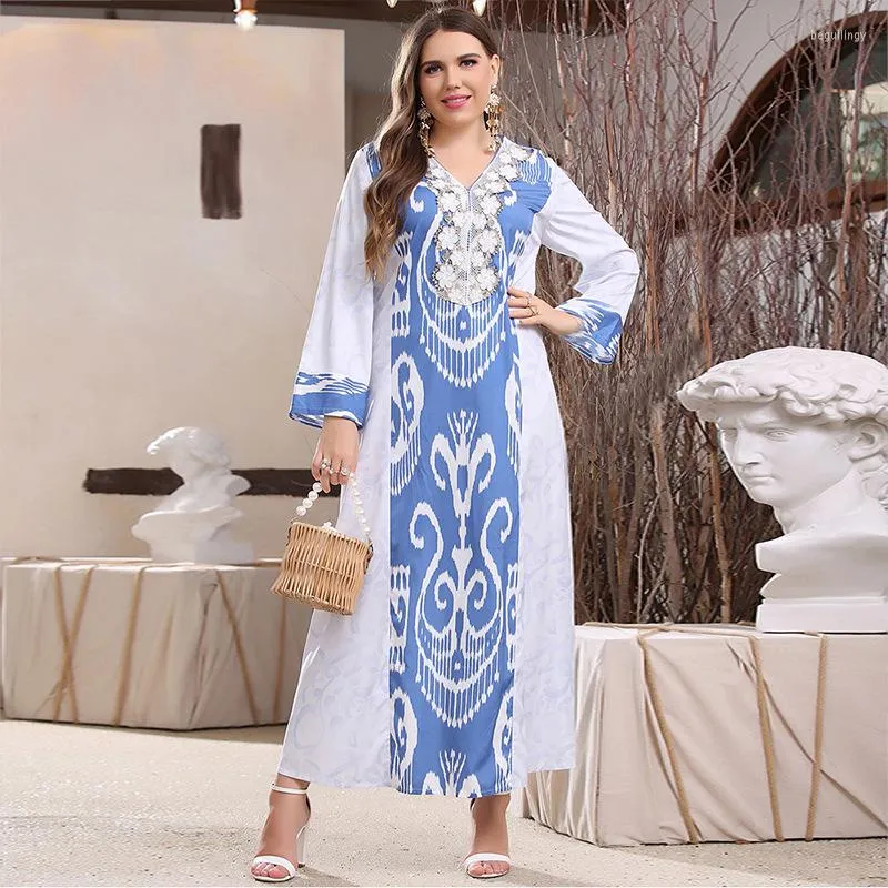 Vêtements ethniques Robe tendance pour femmeCol roulé Boutique Style inactif Balançoire Bleu imprimé Tempérament Trajet Oversize Femme