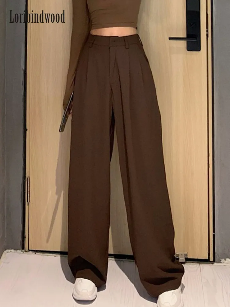 Женские брюки из двух частей 2023 Ретро сплошной цвет Дикие прямые широкие женские весенние корейские модные брюки с высокой талией повседневные длинные 230519