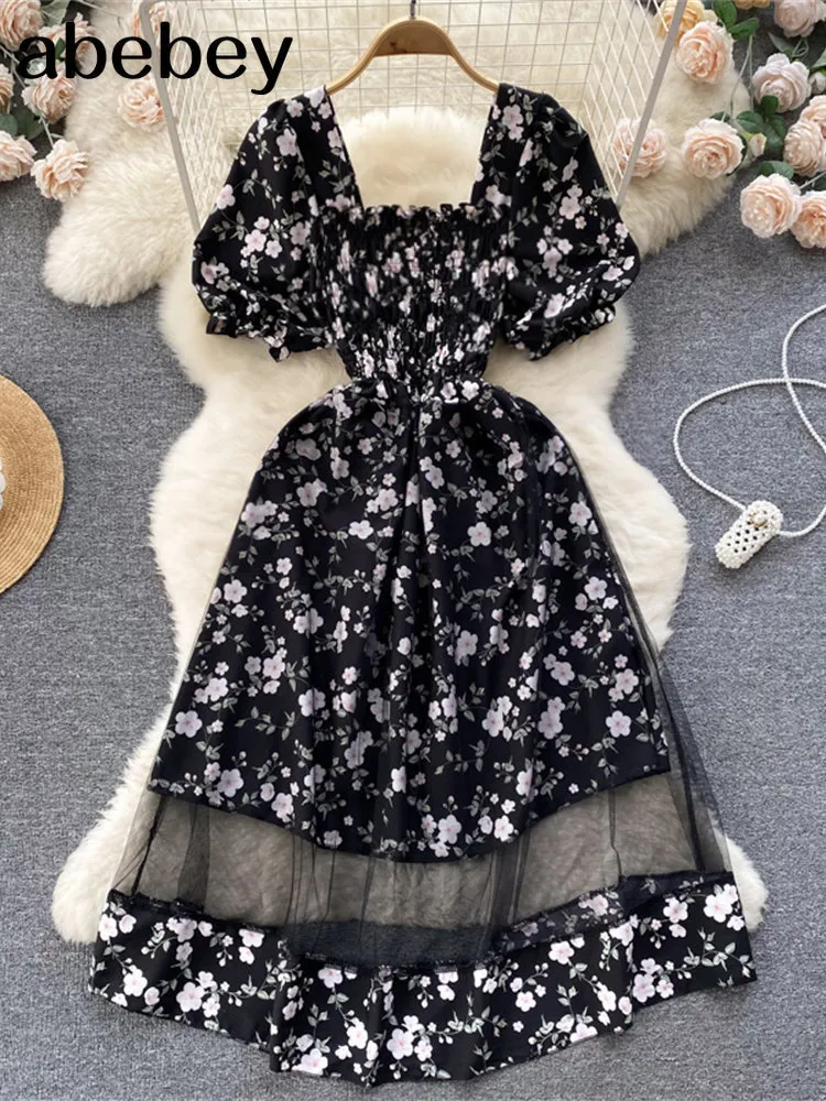 Basic Casual Dresses Floral Summer Dress Women Vacation Casual Blackless Short Sleeve Slim Ladies French Style Dresses 230519