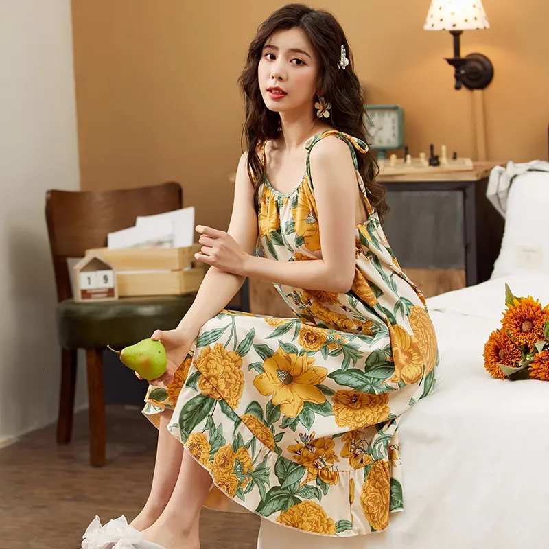 Sexy Pyjamas Women Nightgowns Cotton Night Dress Sexy Spaghetti Strap V-Neck Casual Home Dress Night Shirt Floral Print Sleepwear Nightwear 230519