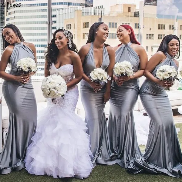Long silver bridesmaid dresses discount