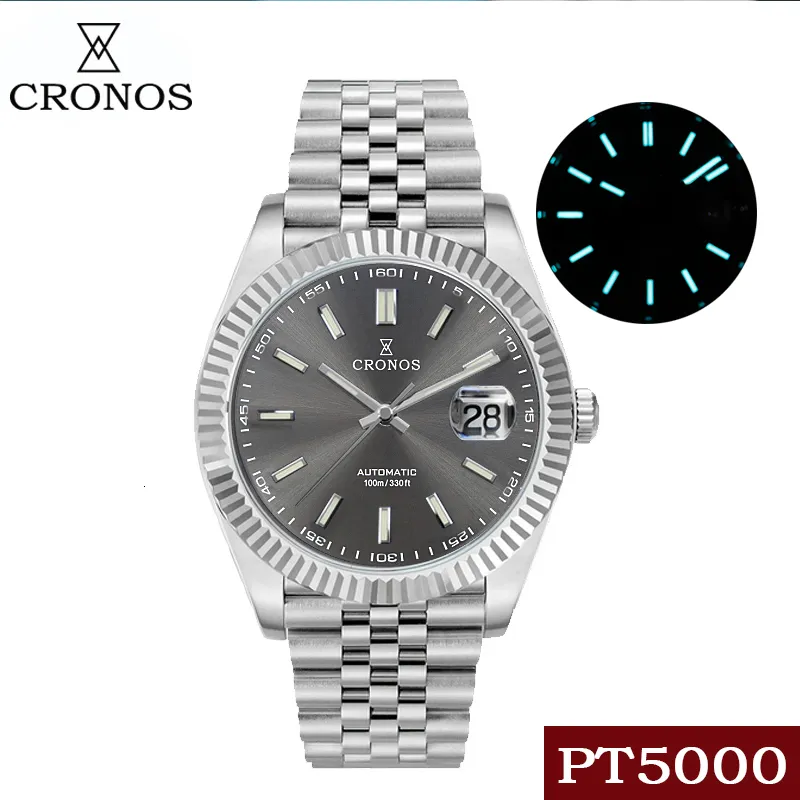 Zegarek Cronos data luksusowe mężczyźni ubieraj się zegarek ze stali nierdzewnej 5 linków bransoletka miedziana nikiel platyna Pvd Bezel 100 m odporna na wodę 230519