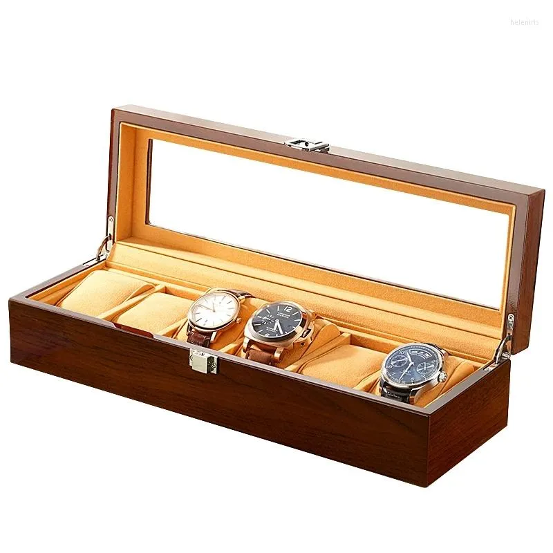 Watch Boxes 6 Slots Wood Box Window Open Holder Brown Organizer Watches Ring Storage Case Jewelry Display Rectangle Showcase