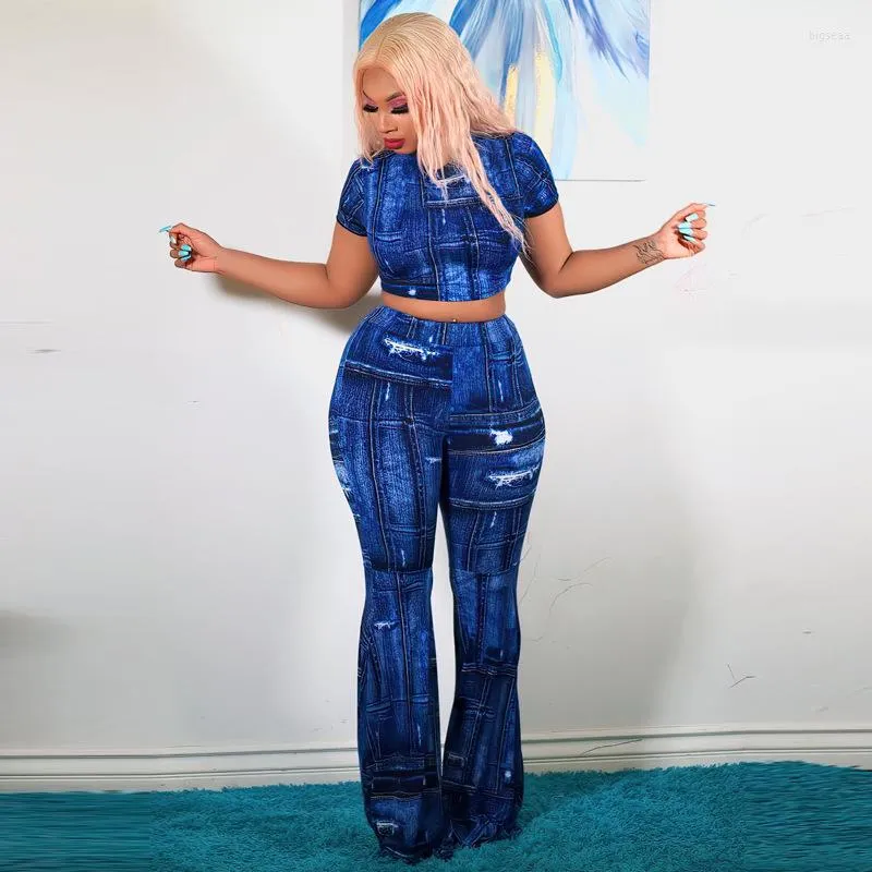 Summer Denim Two-Piece Set Womens Short Sleeve Midriff Suit