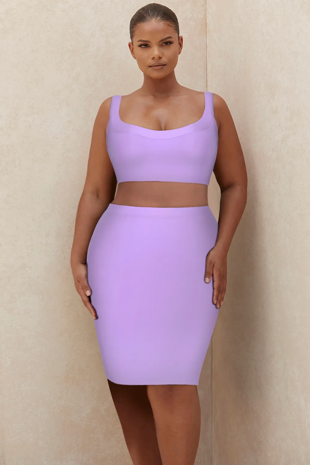 Plus size jurken Bandage Dress Sets Grootte Sexy mouwloze Crop Top Mini Rok Outfit Zomer Women Purple Bodycon Party Two -Piece Set 230518