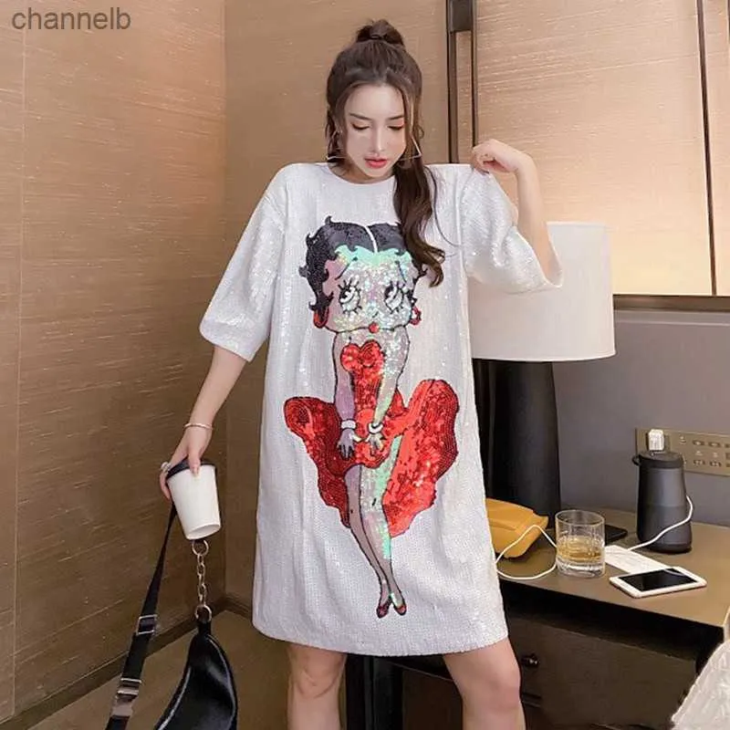 T-shirt da donna T-shirt oversize con paillettes dolci cartoni animati da donna T-shirt a maniche corte coreana allentata da ragazza Summer Dress T-shirt di media lunghezza TopsL230519