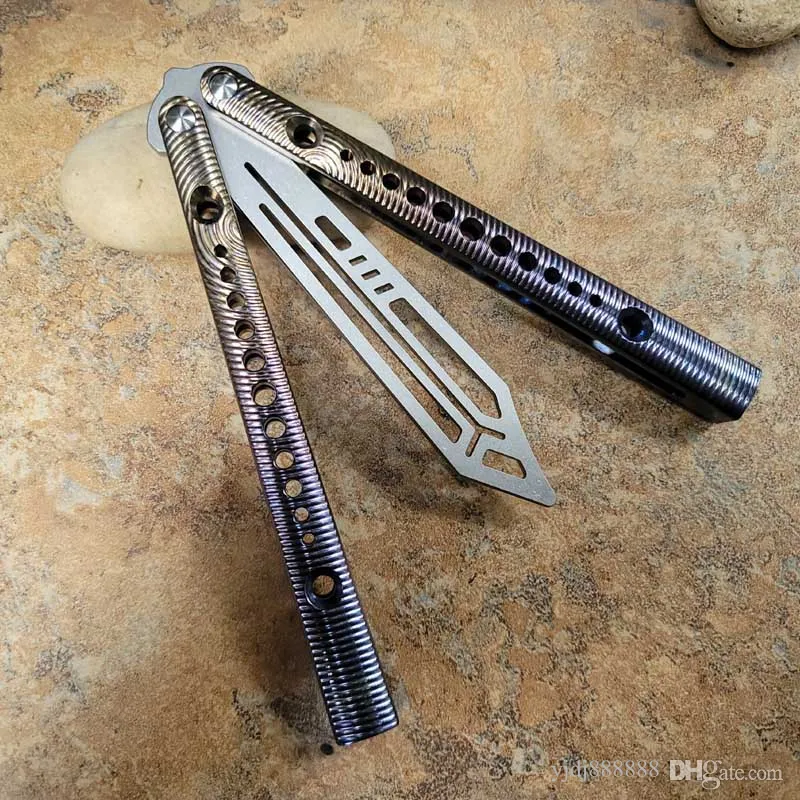 Theone Balisong REP 라운드 도트 화재 화상 패턴 티타늄 핸들 채널 나비 훈련 트레이너 나이프 부싱 질트 스윙 EDC 나이프 Hom Squid Nautilus Sea Monster