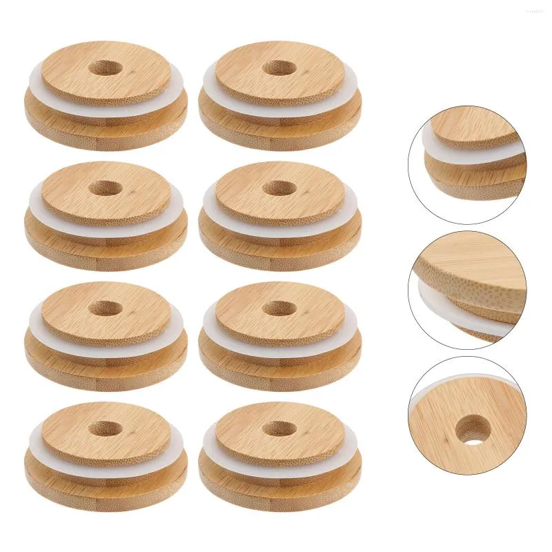 Dinnerware Sets 8 PCs Mason Jar Bamboo Lid Plain Sparkling Water Straw Wooden Glass Coffee Mugs Lids