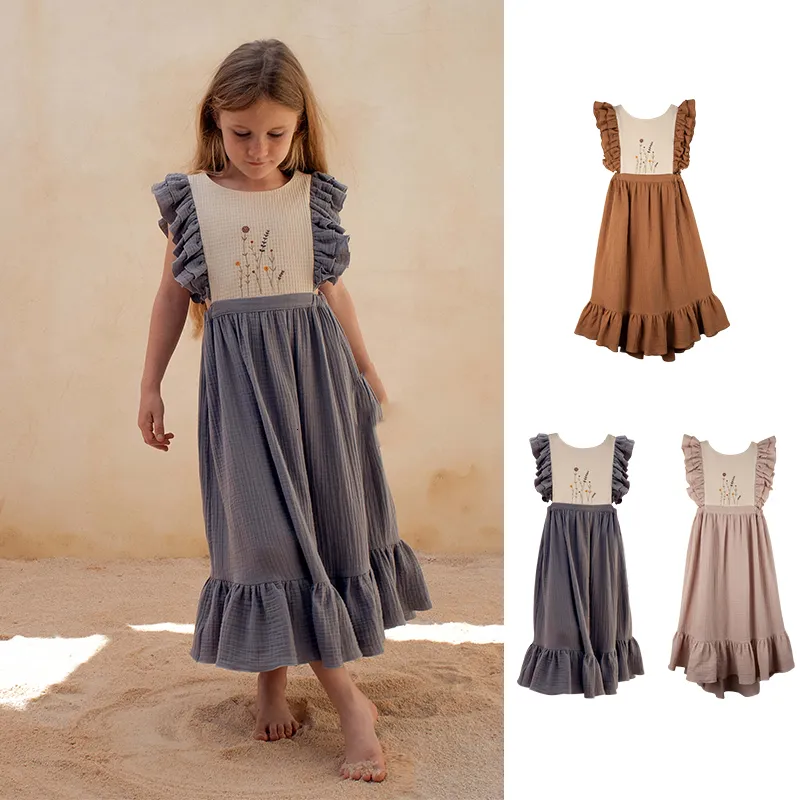 Popelin Brand Floral Ruffle Sleeve Girls Holiday Dresses Cotton