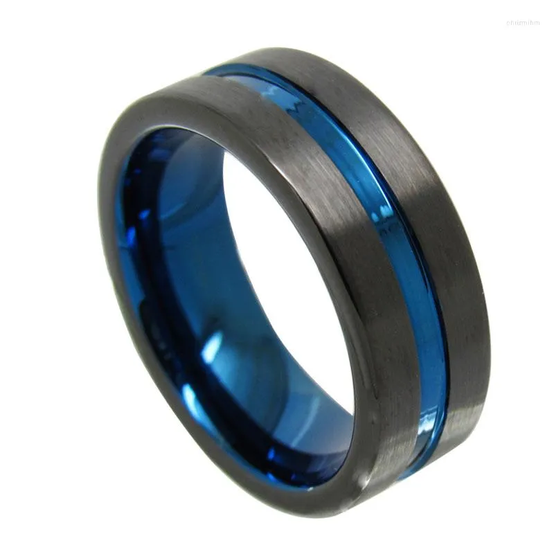 Cluster Rings Casual 8mm Width Black Tungsten Wedding Band With Thin Blue Groove For Men High Polished Comfort Fit Customize