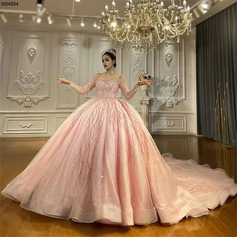 knee length dresses for ladies Illusion Long-sleeves Lace Wedding Gown with Blush Pink Tulle Skirt –  loveangeldress main image 0