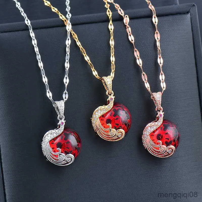 Collier pendentif paon en acier inoxydable zircon cubique rouge pour femme chaîne ras du cou couleur argent or Rose