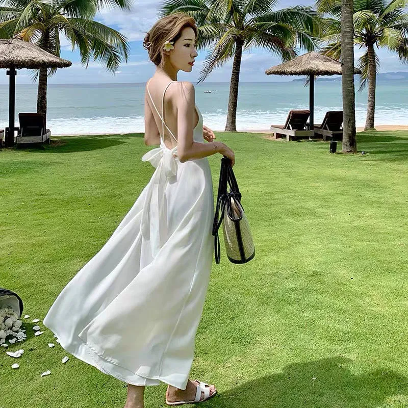 Basic Casual White Knee-Length Spaghetti Strap Dress for Women Summer  V-Neck Backless from Dhgate Basic & Casual Dresses - price 30.06