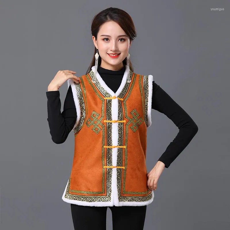Ethnic Women s Vests 2024 Winter Sleeveless Vintage Waistcoats Mongolia Style Tang Suit