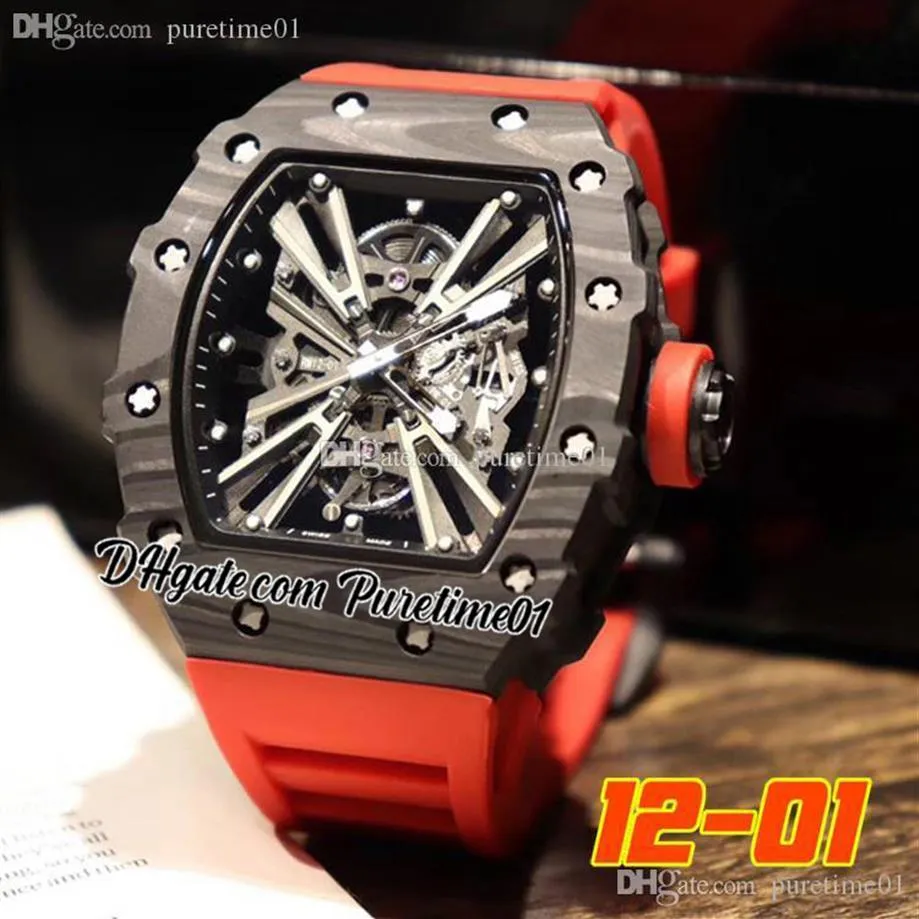 2022 Carbon Fiber Miyota Automatic Mens Watch All Black Skeleton Dial Red Rubber Strap Super Edition Puretime01 1201D4263d