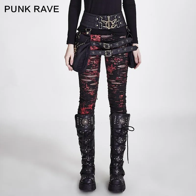 Leggings punk donne gotiche rave donne a maglie rotte gamberi alti fori elastici all'uncinetto pantaloni strappati con pantaloni strappati a vapore rosso sexy sexy