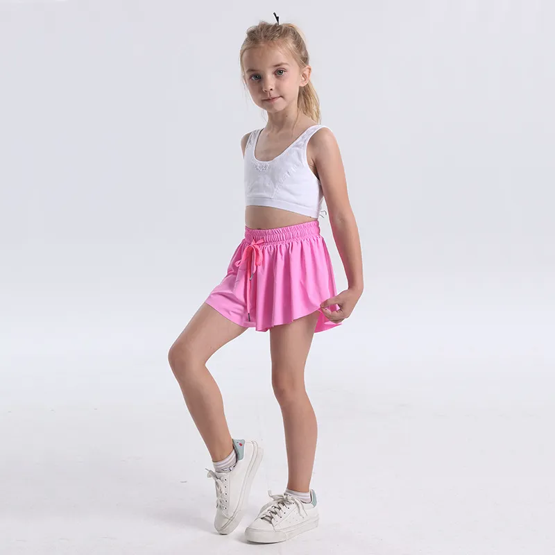 lu Kids Yoga Shorts Outfits High Waist Sportswear With Pockets Fitness Wear Short Pants Girls Running Elastic Prevent Wardrobe Culotte Double-deck Lining