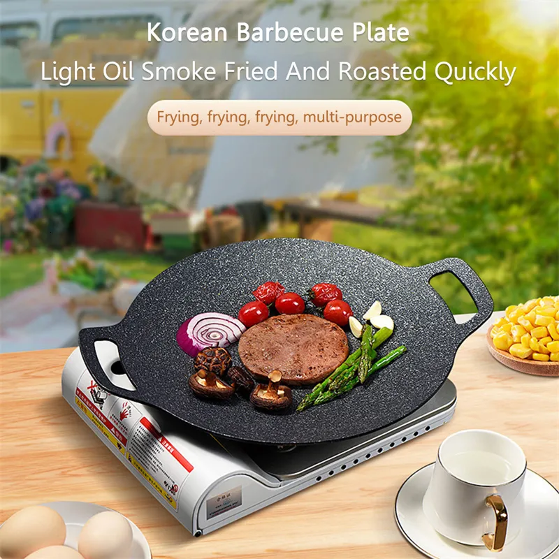 Korean Food BBQ Plate Non-stick Round Griddle Grill Pan Outdoor Camping  Barbecue Plate Coating Round Griddle Pan Smokeless BBQ