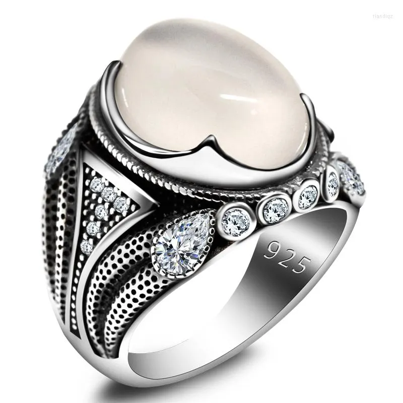 Cluster Ringe Türkisch 925 Sterling Silber Natürlicher Achat Ring Herren Hochwertiger Schmuck mit ovalem weißem Stein Vintage Luxusgeschenke für
