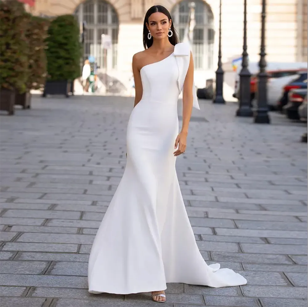 Vestidos Satin Mermaid Wedding Dresses Sexy One Shoulder Sleeveless Bridal Gown White/Ivory Beach Wedding Party Gown with Bow