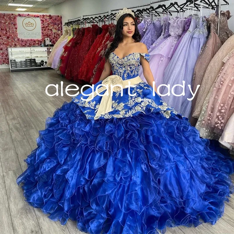 Vestidos de 15 Anos Blue Meksykańskie sukienki Quinceanera Aplikat