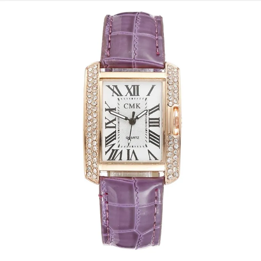 Whole Dazzling Square Dial Temperament Atmosphere Womens Watches Roman Number Diamond Bezel Quartz Female Watch Leather Strap 227o