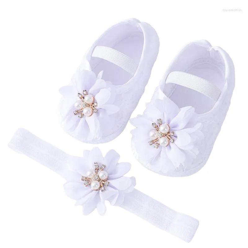 Första Walkers Baby Girls Flats och pannband Soft Sole Non-Slip Pearl Flower Princess Wedding Dress Walking Shoes For Born