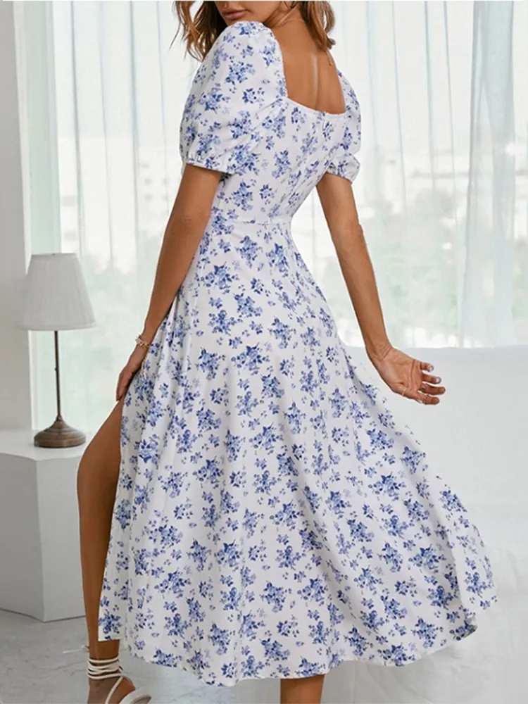 sachin and babi light blue dress Elegant Brown Floral Print Side Slit Midi Dress for Women
