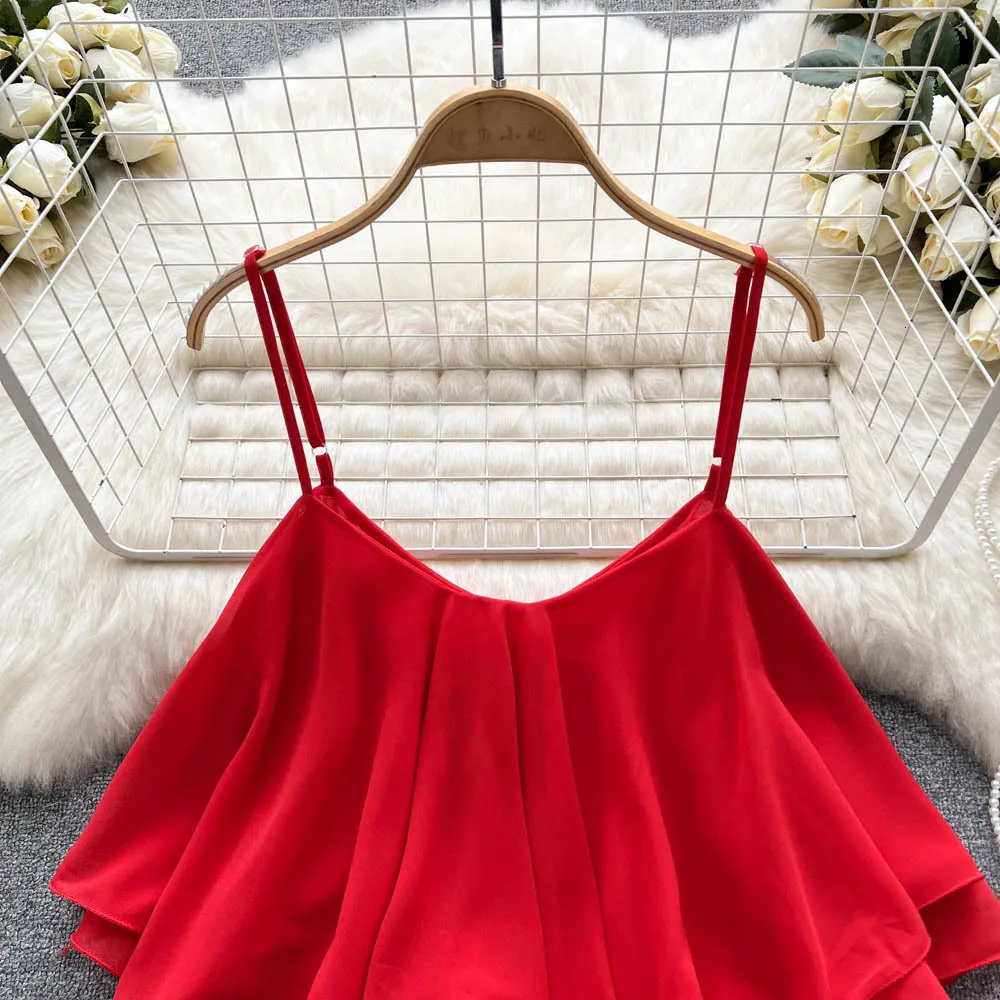 Korean Fashion Womens Sleeveless Tank With Spaghetti Straps Ruffle Detail And Solid Color Perfect For Summer Y2K 230519 From You03 10.33 DHgate.Com
