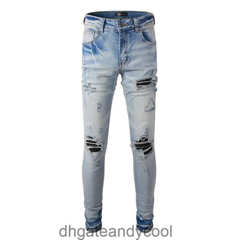 Calças masculinas designer denim homem jeans amirres mx1 cor clara jeans lavado velho buraco remendo fino elástico perna longa slp perna calças j8g4