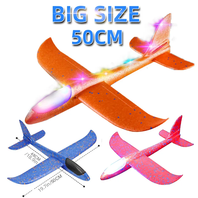 Diecast Model 50CM Big LED Flash Glider Foam Plane Hand Throw Light Inertial AirPlane EPP Outdoor Fun of Kids Toys for Children Gift 230518