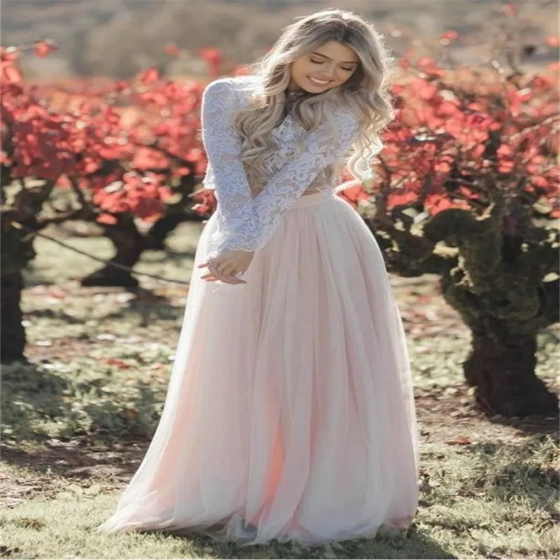 Boho Two-Piece Boho lace wedding dress with Top Lace, Long Sleeves, and Rustic Country Bride Gown - 2023 Collection
