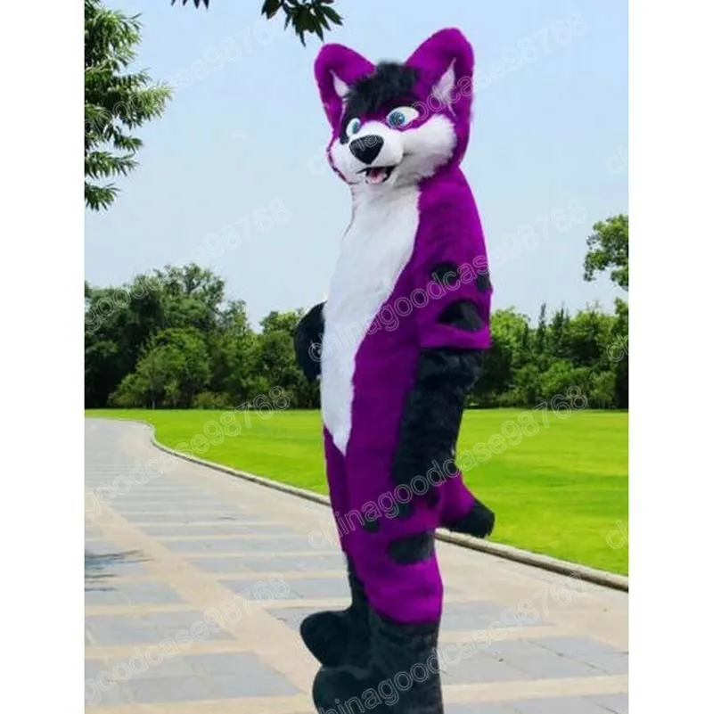 Performance Purple Long Fur Husky Husky Dog Mascot Costume Halloween Christmas Fanche Fanche Party Dress Cartoon Character Dit Suit Carnival Festy Fort For Men Women