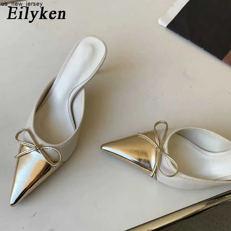 スリッパEilykenデザイナーバタフライノット女性用のつま先の尖ったスリッパファッション浅い薄いハイヒールの女性靴J230519
