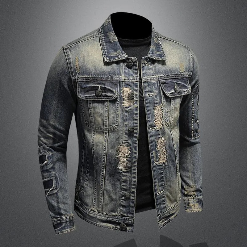 Herrjackor mode denim jacka vintage män cyklist motorcykel smal passformad nöd broderi casual jeans kappa droppe